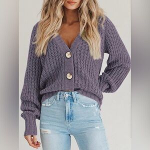 PrettyGarden chunky knit cardigan, grey purple, small